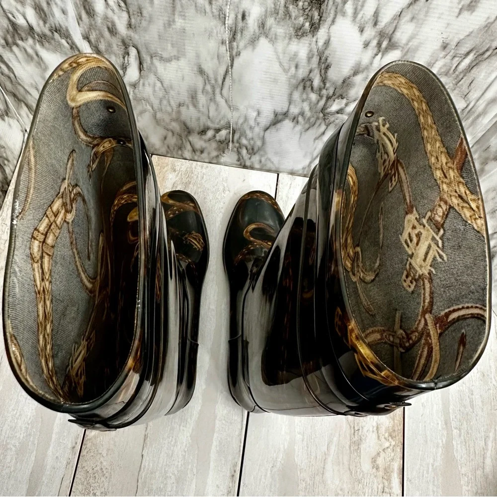 Ralph Lauren Black Gold Chain Horse Tack Pattern Rubber Rain Boots Farmcore